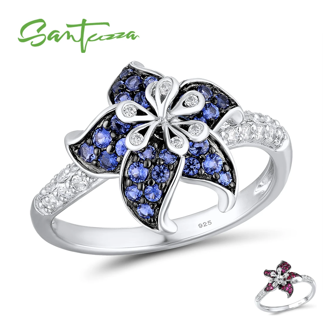 SANTUZZA Silver Ring For Women 925 Sterling Blooming Flower Blue Pink White Cubic Zirconia anillos Party Fine Jewelry | Украшения и