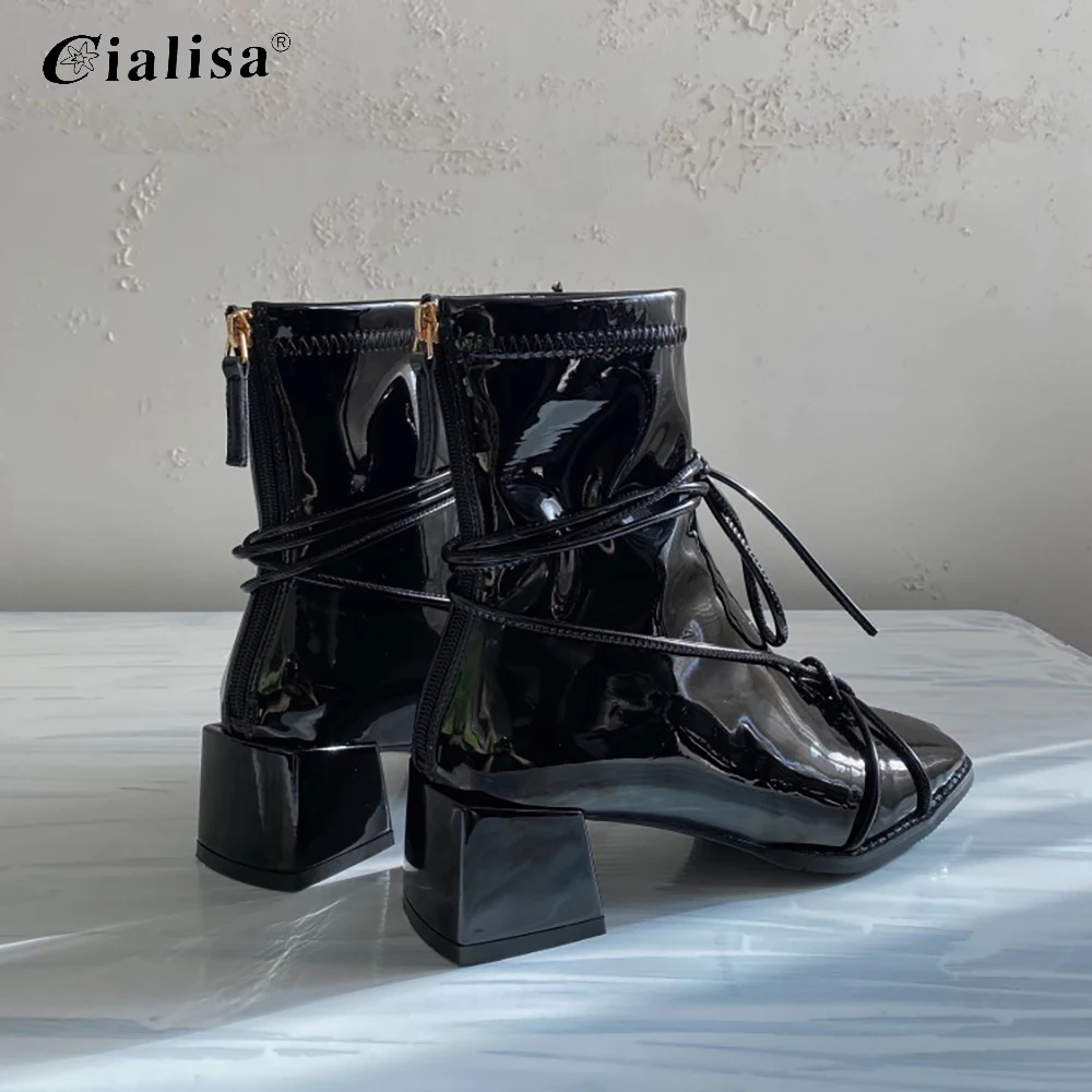 

CIALISA Women Shoes Patend Leather Autumn Winter Black Square Lace Up Mid Heel Chelsea Boots PU Leather Design Ankle Boot