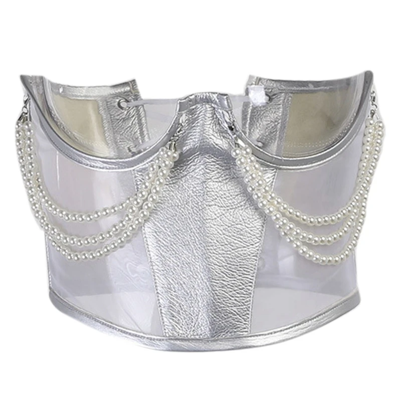 

Women Sexy Underbust Corset Crop Top Pearl Chain Faux Leather Bustier Waist Belt D0UD