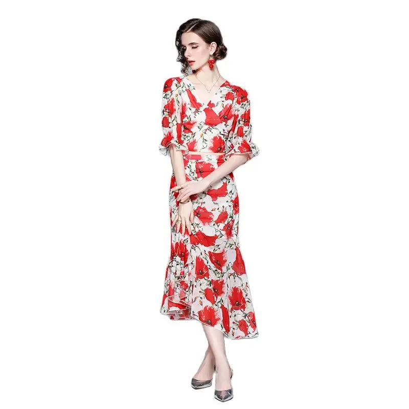 

Fashion French Printed Chiffon Top Mermaid Skirt Two Piece Set Women Summer Dress Suits Red Short Sleeve V Neck Clothing