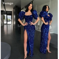 verngo sparkly royal blue sequin long evening dresses puff short sleeves high split prom gowns glitter women formal dress 2022