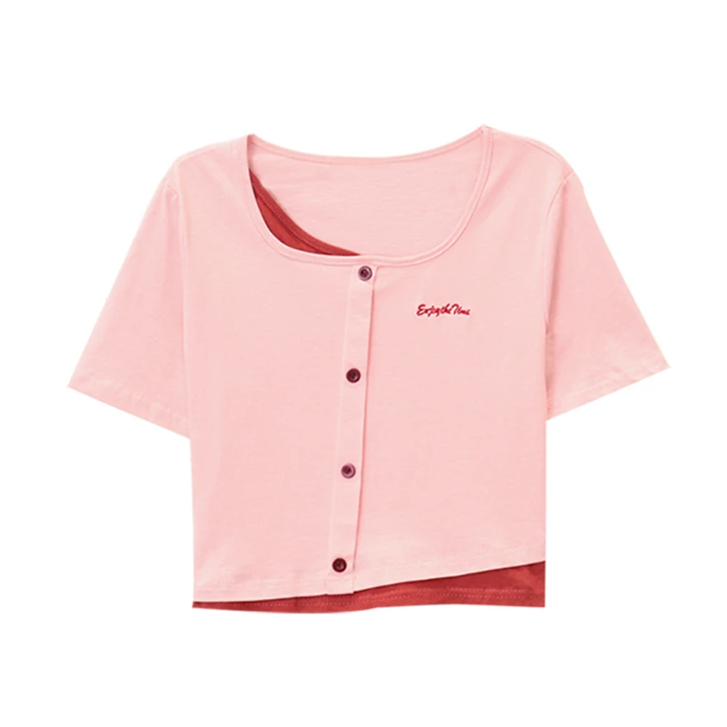 

2021 Summer Fake Two-piece Square Neck Short T-Shirt Hot Girl Tight-Fitting Short-sleeved T-Shirt Sexy Clavicle T-shirts C212