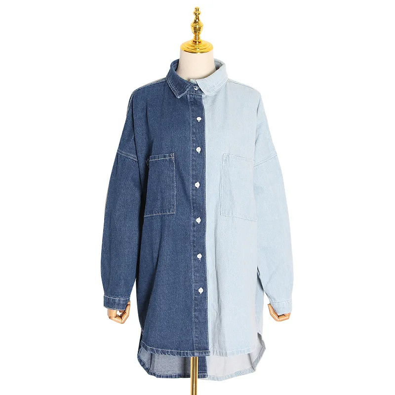 

New Fashion Casual Lapel-Breasted Contrast Loose Bat Long Sleeve Jeans Jacket