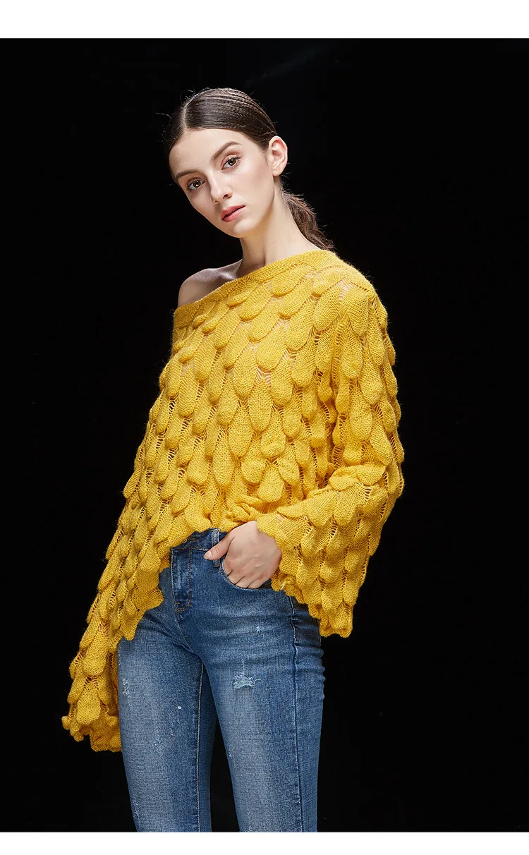 

Autumn new trumpet sleeve leaf loose hollow feather sweater Casual Streetwear Fashion Pull Femme Coat Casual Cotton