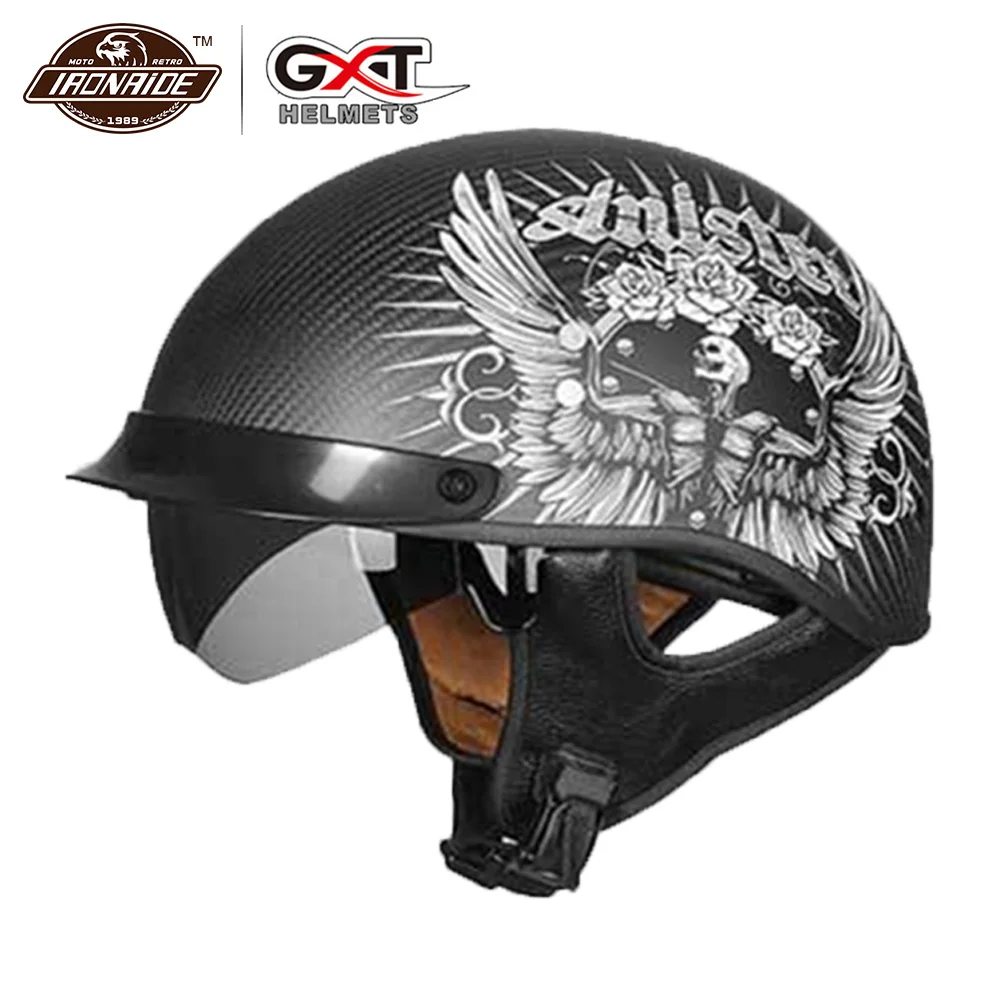 GXT Retro Motorcycle Helmet Carbon Fiber Moto Scooter Vintage Half Face Biker Motorbike Crash for Men Women | Автомобили и