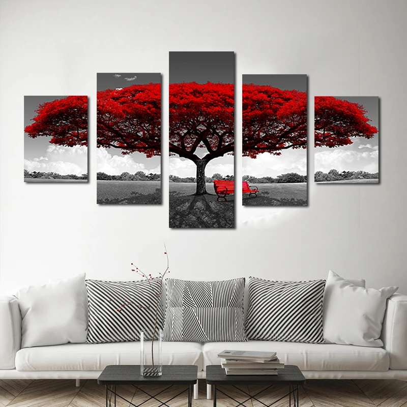 5 панелей красное дерево Пейзаж Плакат Большая Картина на холсте настенное