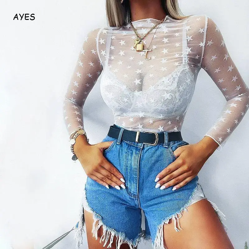 

2019 Summer Blouse Women See Through Star Hollow Out Slim Sexy Blusa Black White Blouse Long Sleeve Party Club Blouses Woman