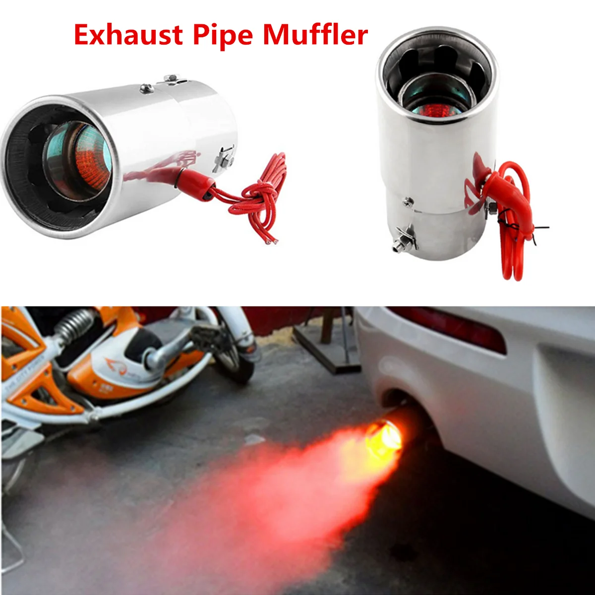 70mm mm Universal Straight/Round Car Red LED Light Tail Exhaust Pipe Stainless Steel Flaming Muffler Tip Accessories | Автомобили и