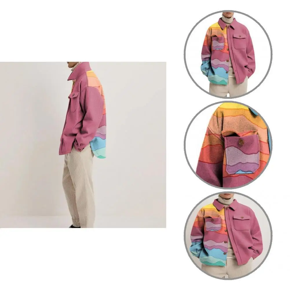 

Practical Excellent Fashion Abstract Printed Male Loose Coats Woolen Buttoned Jacket Dual Pockets for Daily Wear