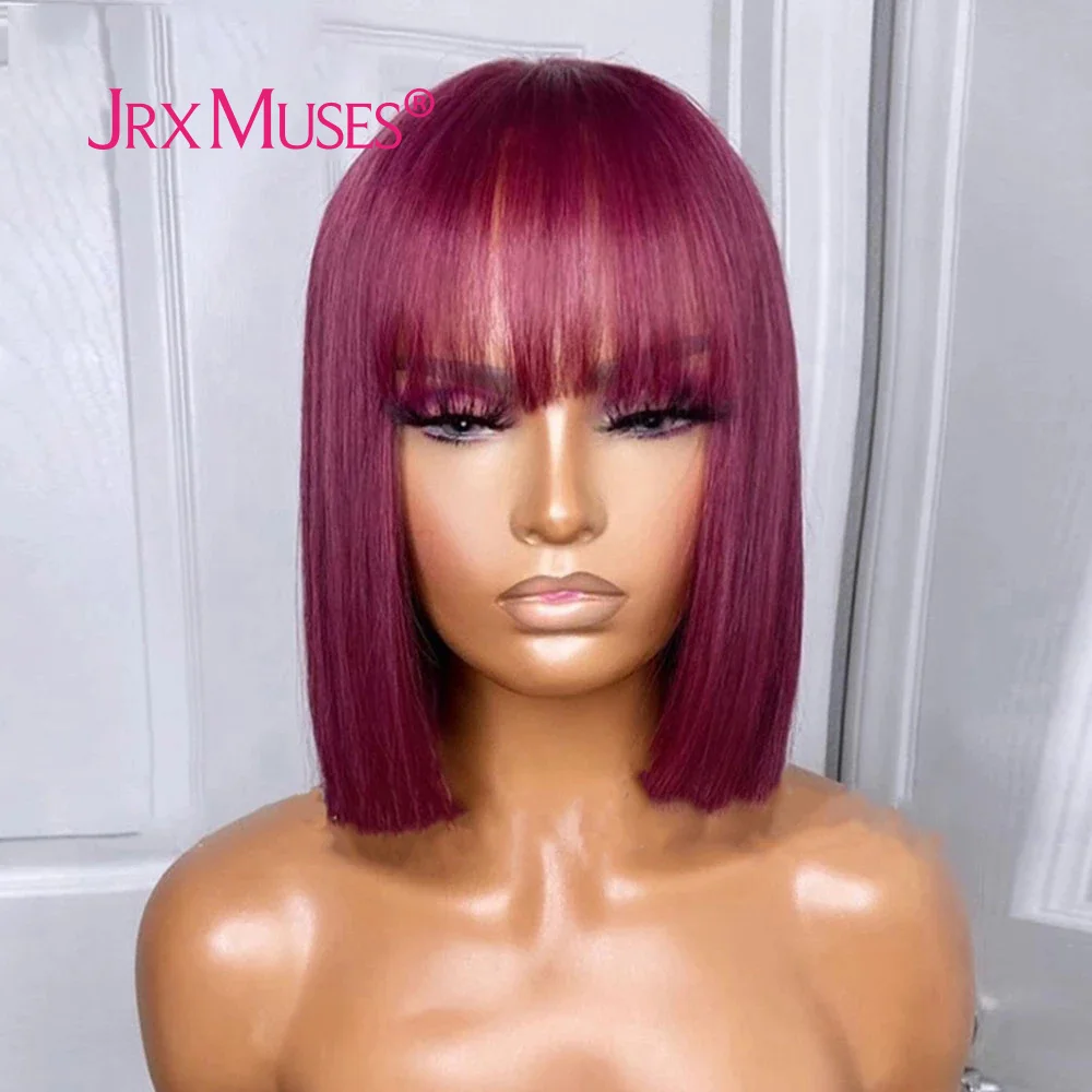 99J Colored Bob Human Hair Wigs With Bangs Burgundy Straight Short Full Machine Made Glueless Wigs Brazilian Remy For Women