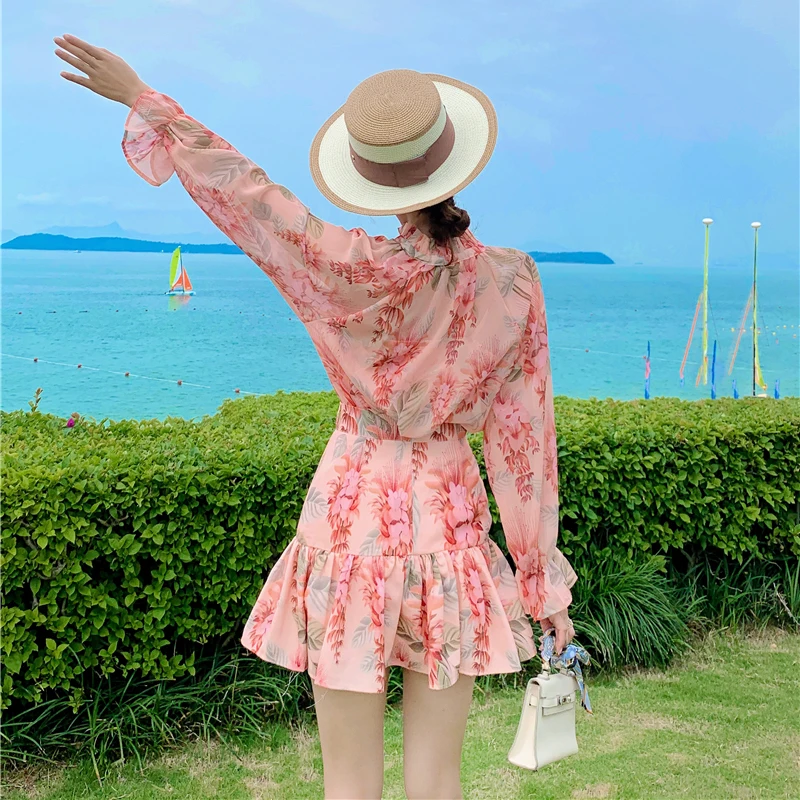 

Korean Floral Print Summer Two Piece Set Women High Waist Pink Loose Silk Chiffon Tracksuit Blouse + Skirts Sets Elegant C185