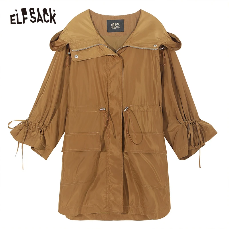 ELFSACK New Women Trench Coats,Fashion Casual Turn-down Collar Hooded Female Trench Coat Autumn Streetwear Clothing