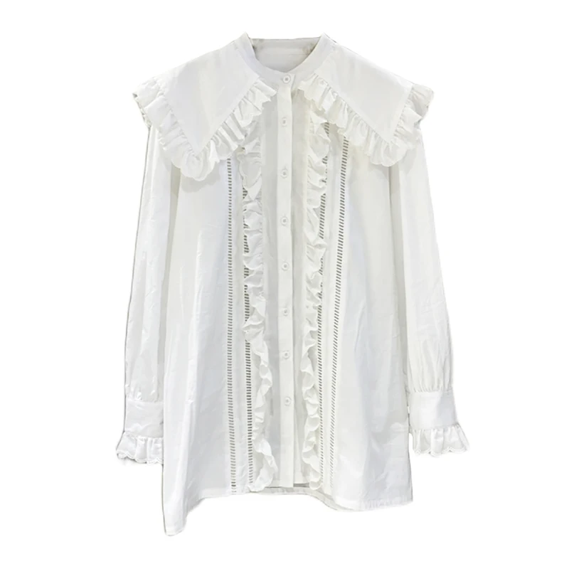 

PERHAPS U Women Long Style Shirt Long Sleeve Sailor Collar White Puff Sleeve B0766