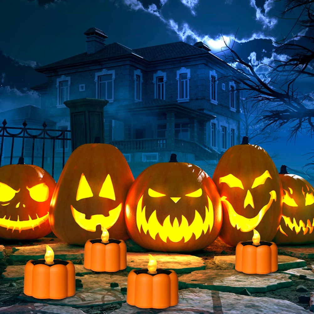 

6pcs Yellow Flashing Rainproof Solar Pumpkin Shape Candle Light Haunted House Home Decorative Halloween Party Decor For Home