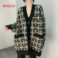 fashion cardigan women sweater autumn winter plaid casual long sleeve knitted sweater korean elegant chic cardigans outerwear