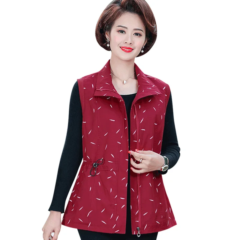 

Middle-aged Women Vest Coat New Spring Fall Jacket Printed Sleeveless Short Jacket Plus Size 5XL Female Vest Waistcoat Overcoat