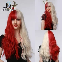 la sylphide synthetic wig long natural wavy half blonde half red hair wigs with bangs for women cosplay party lolita wig