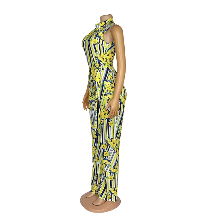 

Women Jumpsuit Printed High Waist Sleeveless Elastic with Waist Belt Wide Leg African Lady Large Size Casual Fashion New Summer