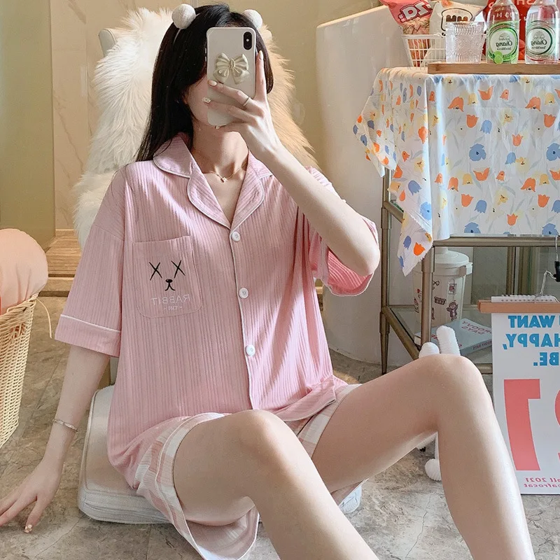 

Summer Women Nightwear Solid Cardigan Short Sleeve Trousers Elastic Waist Causal Pajamas Set For Ladies Pijamas Loungewear