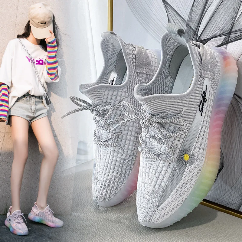 

Jelly Shoes Women Lace up Night Glowing Sport Walking Sneakers Women Breathable Knit Outdoor Shoes Rainbow Fashion Summer