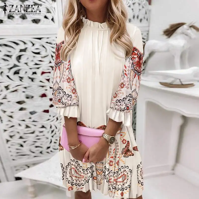 

ZANZEA Vintage Bohemian Printed Pleated Sundress Lady Casual 3/4 Puff Sleeve Dress Ruffle Floral Vestido Femme Party Kaftan Robe