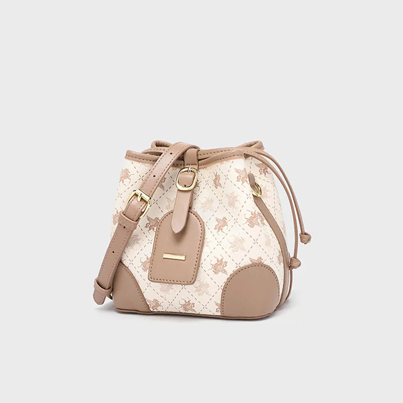 

Classic drawstring ladies pure color plaid tote bag fashion trend one-shoulder bucket bag elegant contrast messenger bag