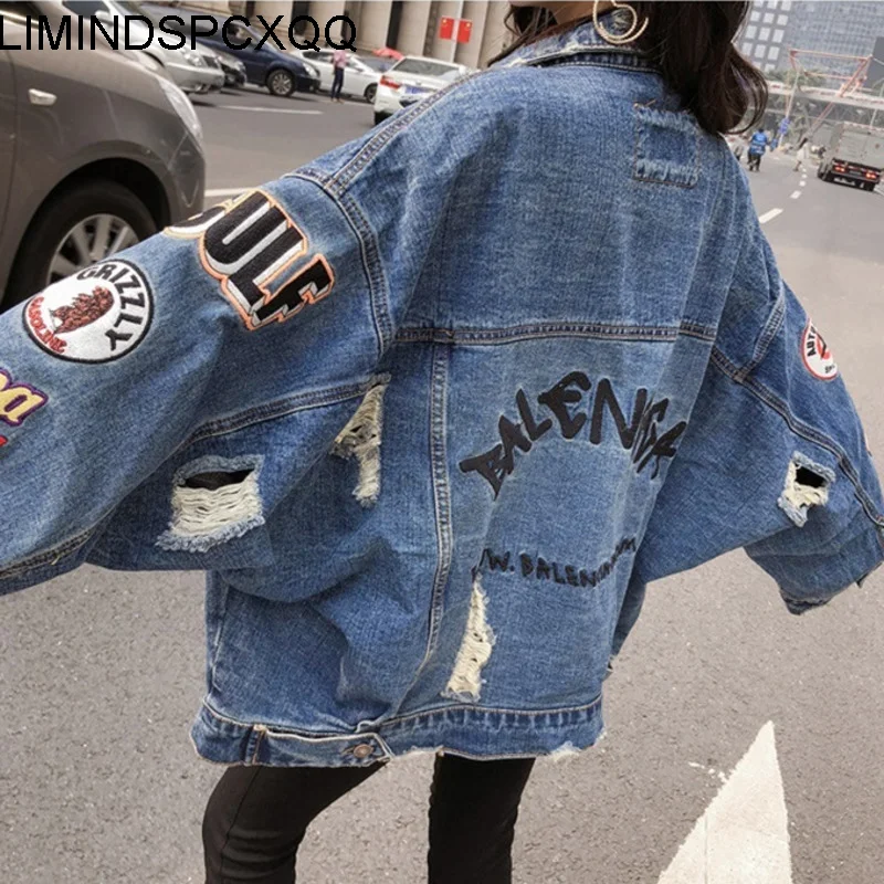 

Harajuku Womens Jacket Loose Denim Embroidered Korean Hip Hop Spring Autumn Single-Breasted Casual Female Letter Long Sleeve