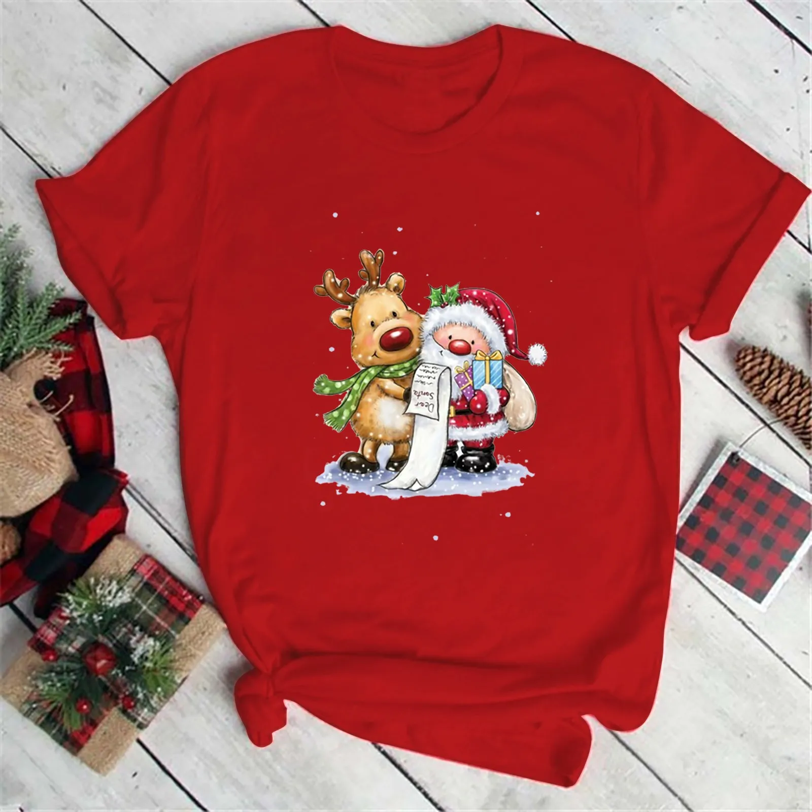 

Happy Holiday Aesthetic Graphic Tee Christmas Womens Santa Elk Pattern Short Sleeve T-shirt Female Casual Clothes Ropa Mujer A40