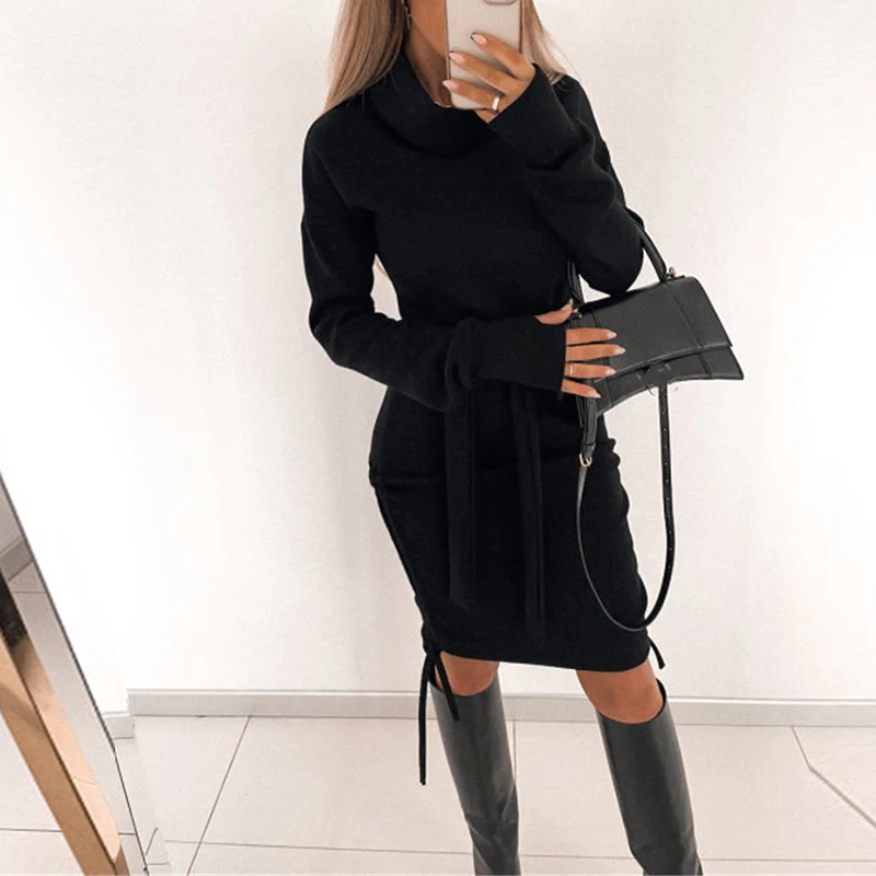 

Новинка Осень 2021, повседневное кружевное платье средней длины с высоким воротником, элегантное облегающее женское платье-трапеция с длинны...