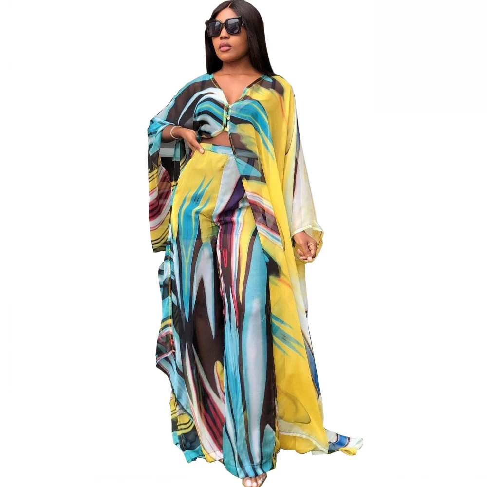 

2021 Women Printed Two Pieces Set Irregular Tops Bawting Sleeve V Neck Loose High Waist Wide Leg Pants African Fashion Suits New