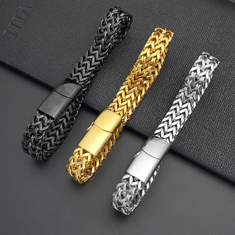 Фото Мужские браслеты цепочки в стиле хип хоп черные и золотые из нержавеющей стали
