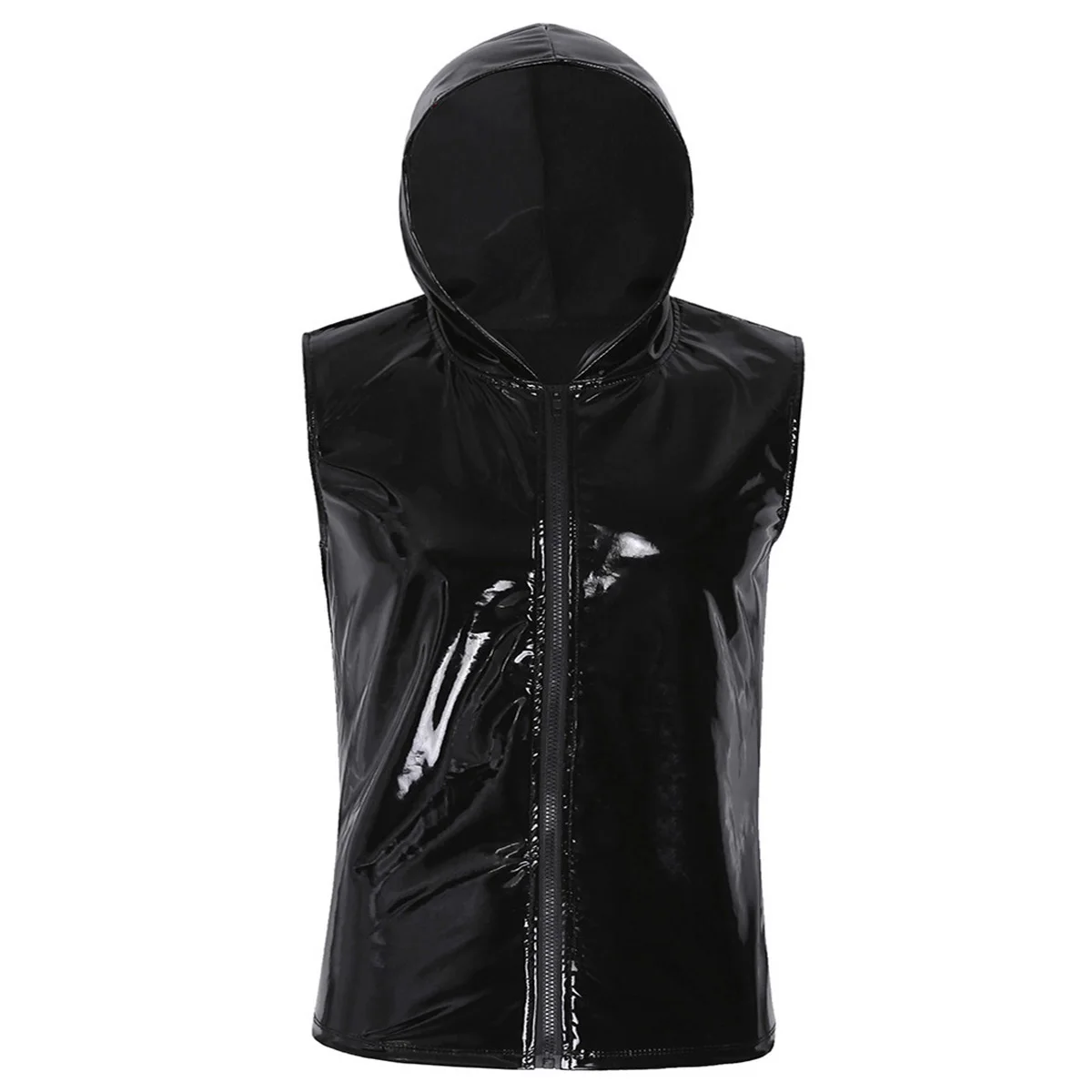 Black Mens T-Shirt Wet Look Patent Leather Nightclub Streetwear Sleeveless Hoodie Clubwear Hip Hop with Zipper Closure | Мужская одежда