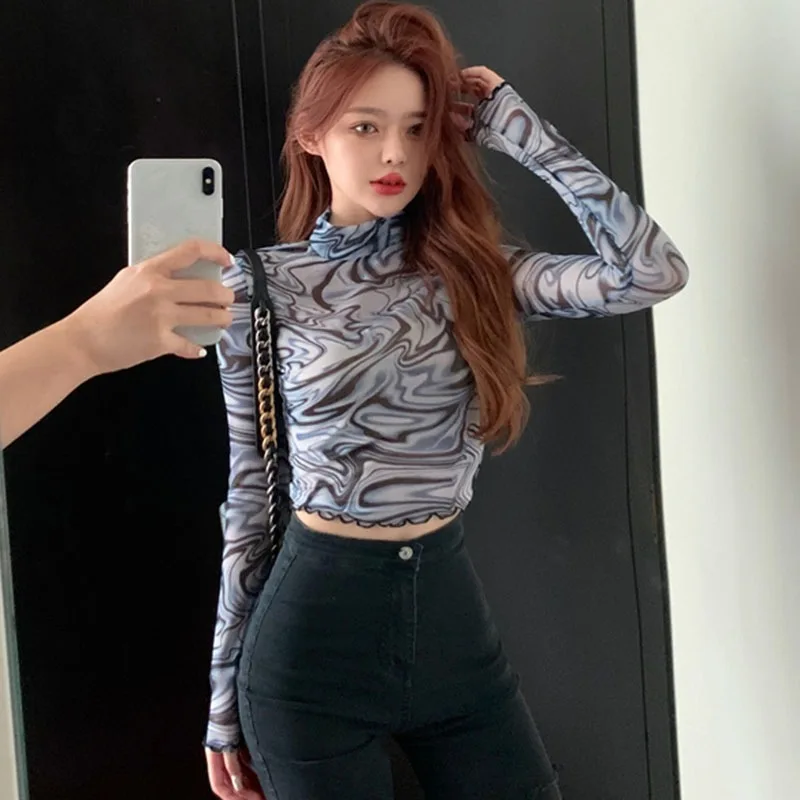 

Jlong Women Print Long Sleeve Crop Tops T Shirts Transparent Ruffles Hems Mesh Tops Turtleneck T Shirt Streetwear