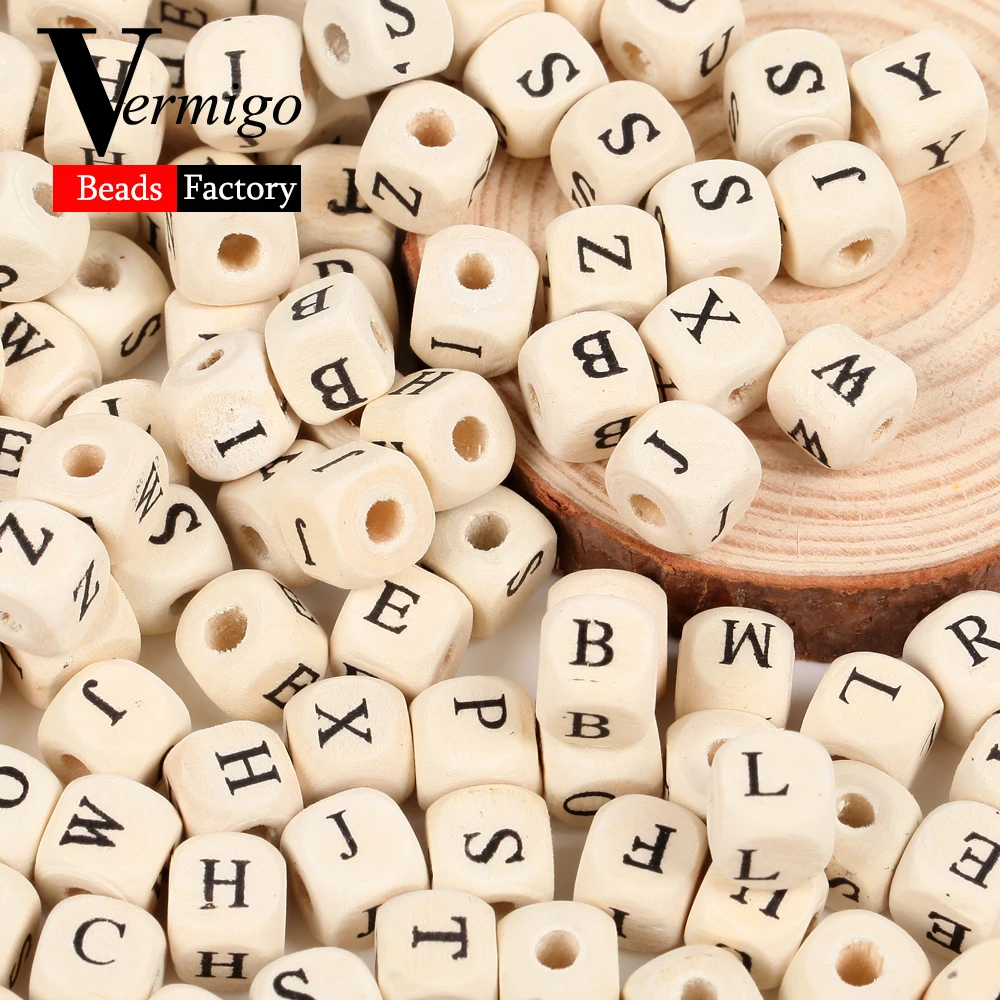 50Pcs-200Pcs A-Z Letter Square Natural Wooden Beads 10mm Alphabet Wood Beads For Jewelry Making Diy Bracelet Pacifier Chain