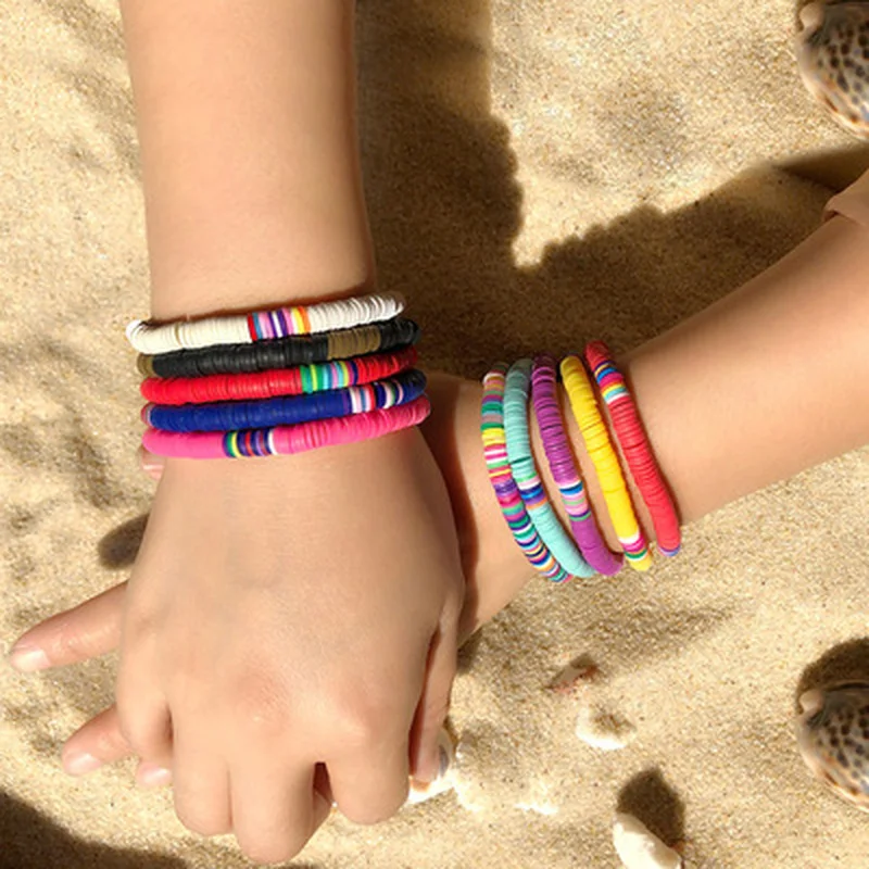 

Boho Colorful Polymer Clay 6mm Bracelet for Women Adjustable Elastic Soft Pottery Female Bracelet Summer Beach Jewelry
