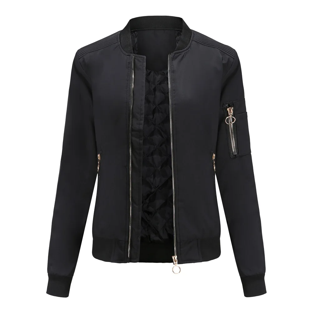 

2020 Autumn Spring Women Jacket Soild Color Fashion Long Sleeve Round Neck Casual Cottom Thin Coat Female Zipper Pocket