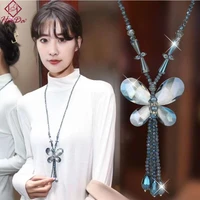 korean graceful crystal butterfly pendant long tassel necklace women fashion joker beads strand sweater chain 2019 new jewelry