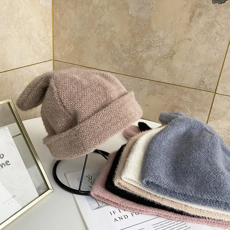 

Korean Version of The Rabbit Ear Hat Female Autumn and Winter All-match Cute Wool Warm Ear Protection Baotou Thick Knitted Hat