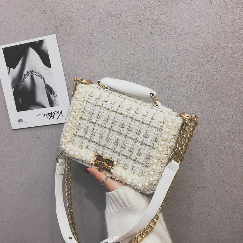 

2021 new ladies one-shoulder small square bag pearl decoration woolen flap lock small messenger bag chain women's daily handbag