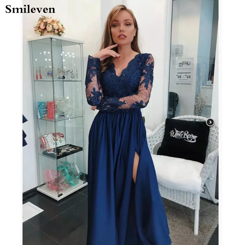 Голубое кружевное вечернее платье Smileven Nave с длинным рукавом V-образным вырезом