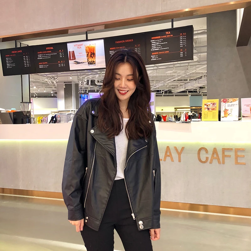 Korean Women PU Leather Jacket Oversized Chic Leather Biker Jacket Women Chaqueta Cuero Mujer Veste Cuir Femme