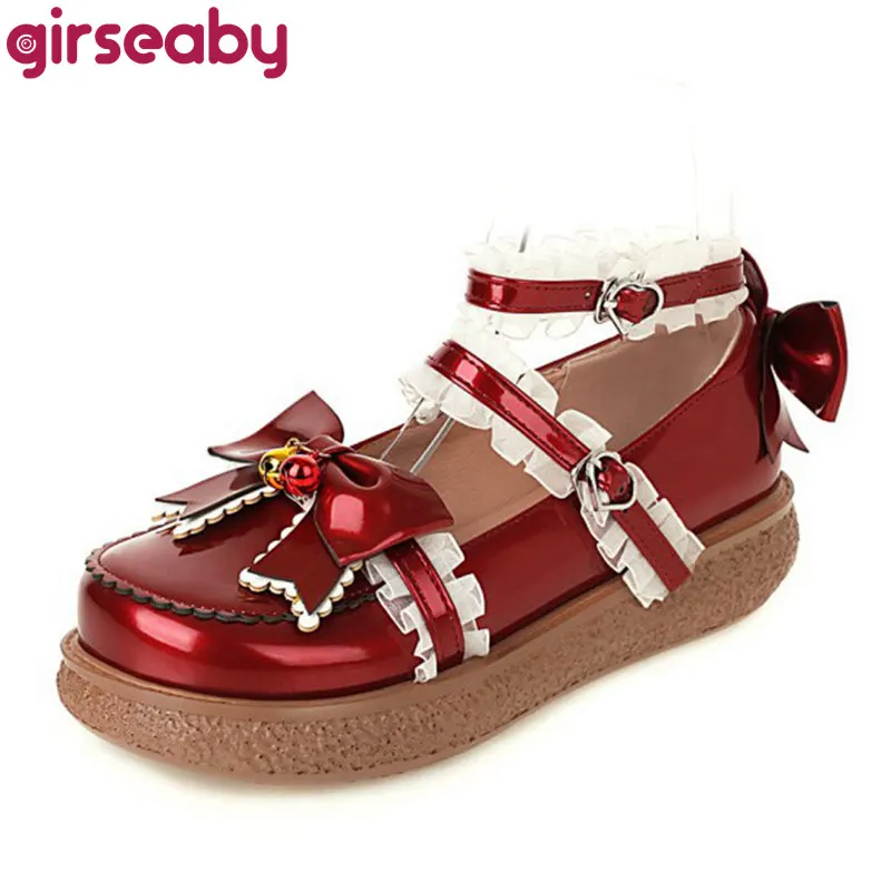 

Girseaby New 2021 Women Pumps Round Toe 3.5cm Heels Platform Sweet Bowtie Buckle Lace Cute Lolita Big Size 43 Casual F1170