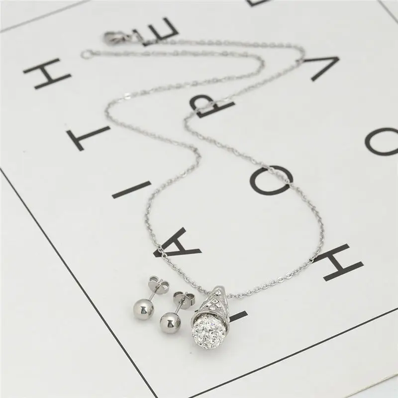 

1 Set Fashion Stainless Steel Necklace Earrings Set Round Clear Rhinestone Jewelry Gift 44.6cm, Post/ Wire Size: 20 gauge
