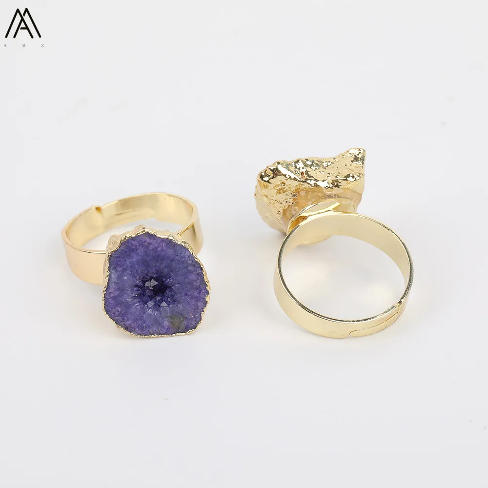Случайная нерегулярные Druzy Агаты кольцо для женщин ювелирные изделия, роскошные женские с отверстием Золото Drusy Агаты Камень Регулируемое Кольцо YT-155AMAJ
