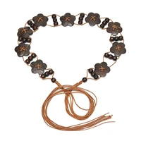 fashion new ladies decorative thin belt ethnic style wooden flower rope braided waist chain wholesale
