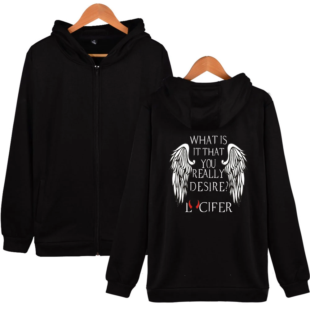 

TV Series Lucifer Zipper Hoodies Men Women Fashion Harajuku Popular Hoodies Jacket Hip Hop Casual Wing Print Zipper Sweatshirts