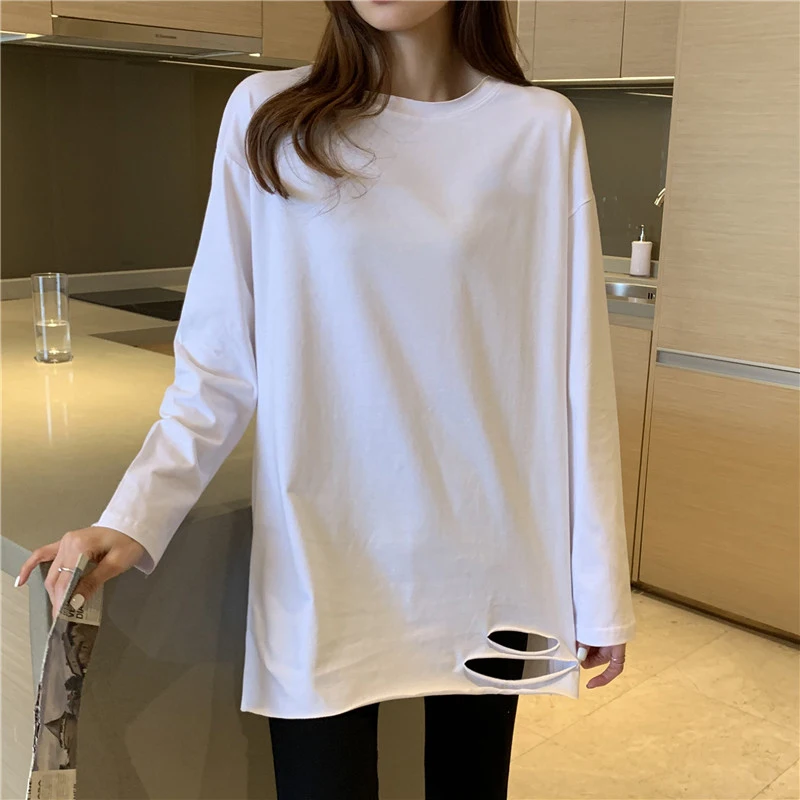 

With Holes Mid-Length Cotton T-shirt Women Long Sleeve White Base Shirt 2021 New Style Spring and Autumn All-Match Ins Top