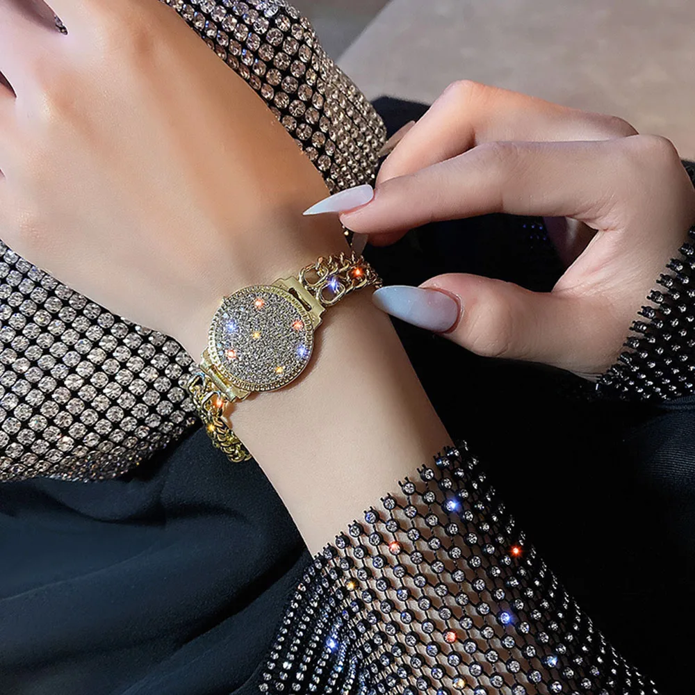 

Women Bracelet Cool Style Luxury Elegant Inlaid Rhinestone Double Chain Watch Shape Bangles Fashion Jewelry