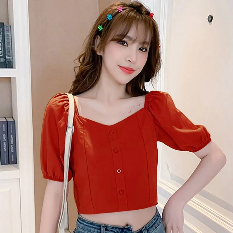 

Women Puff Sleeve Summer Blouses Casual Square Collar Shirts Slim Chiffon BlouseBlusas