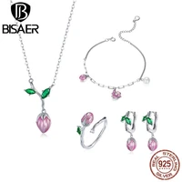 bisaer 925 sterling silver pink budding flowers necklaces bracelets earrings ring silver jewelry sets gift wes224